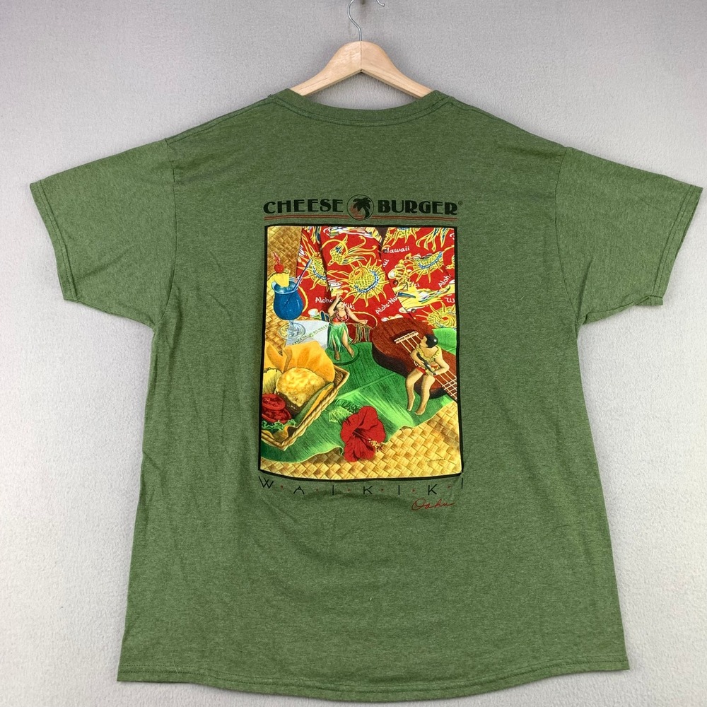 Cheese Burger Waikiki T-Shirt Mens Large Green Hawaii Novelty Graphic Tee